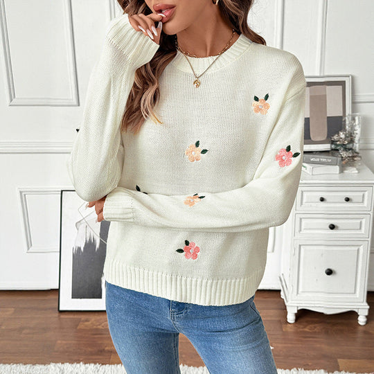 Damen Feinstrick-Pullover mit gestickten Blumenapplikationen und Rundhalsausschnitt Nord Taschen