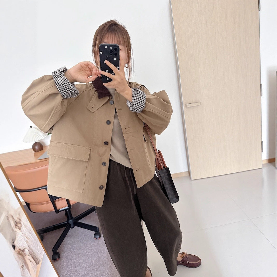 Damen Kurzjacke im Worker-Stil mit Cordkragen und aufgesetzten Pattentaschen Nord Taschen