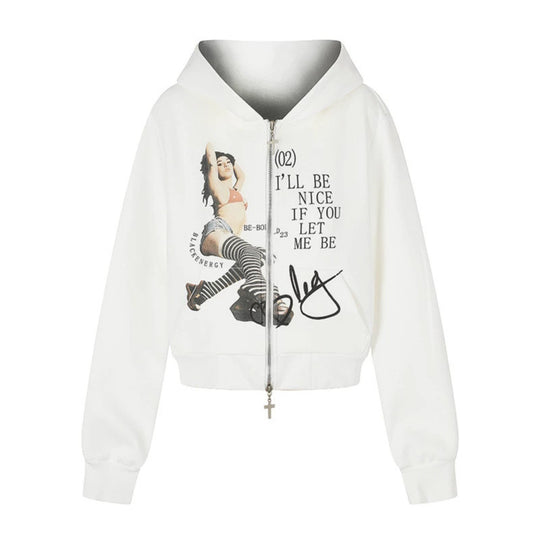 Damen Kapuzen-Sweatjacke mit Fotoprint, kurzem Cropped-Schnitt und Kreuz-Zipper Nord Taschen