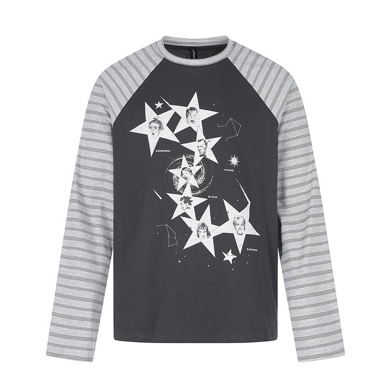Damen Baumwoll-Langarmshirt im Raglanstil mit Sternporträt-Collage und Streifenärmeln Nord Taschen