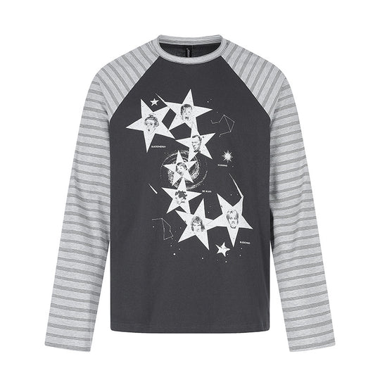 Damen Baumwoll-Langarmshirt im Raglanstil mit Sternporträt-Collage und Streifenärmeln Nord Taschen