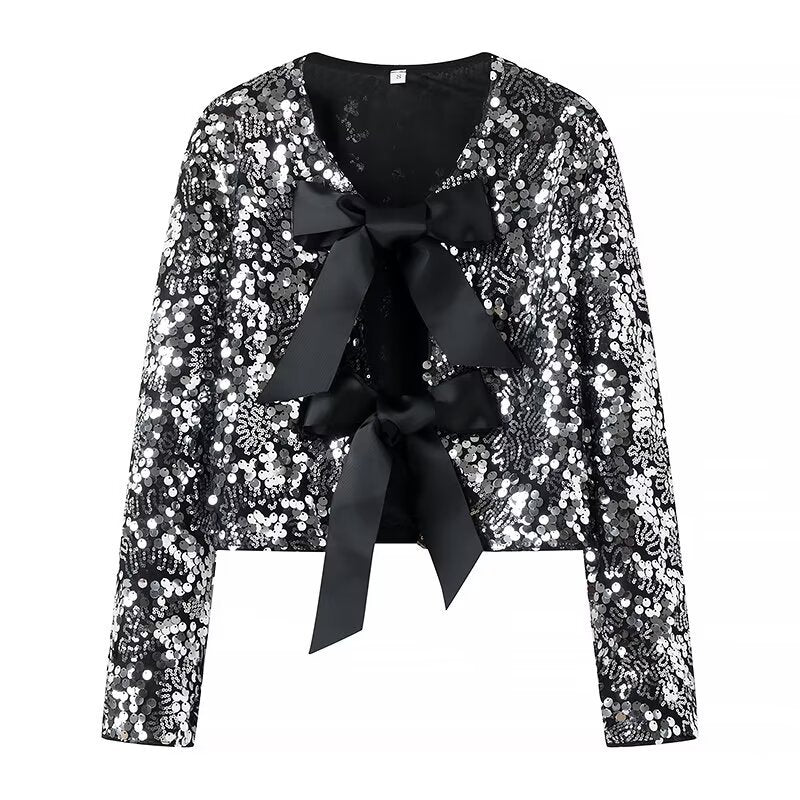 Damen Pailletten-Bolerojacke mit dekorativen Satin-Schleifen Nord Taschen