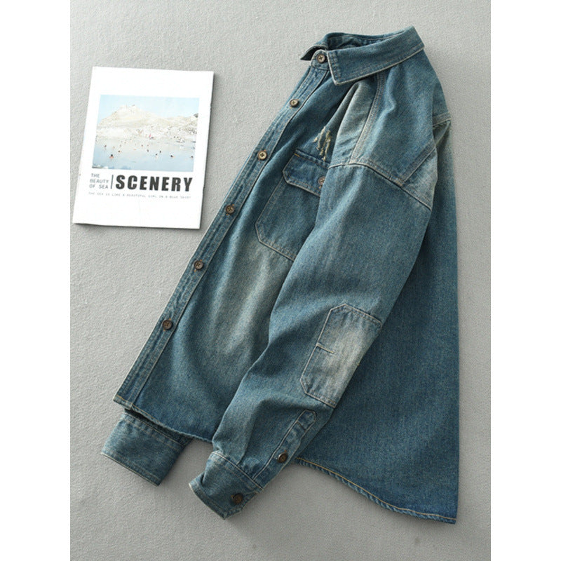 Herren Denim-Hemdjacke im Used-Look mit aufgesetzten Brusttaschen und Knopfleiste Nord Taschen