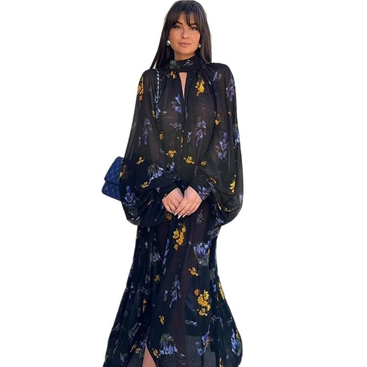 Damen Chiffon-Maxikleid mit Stehkragen, Keyhole-Ausschnitt & voluminösen Ballonärmeln Nord Taschen