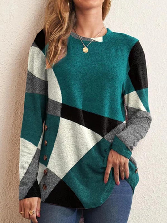 Damen Feinstrickpullover mit geometrischem Colorblock und Zierknöpfen Nord Taschen