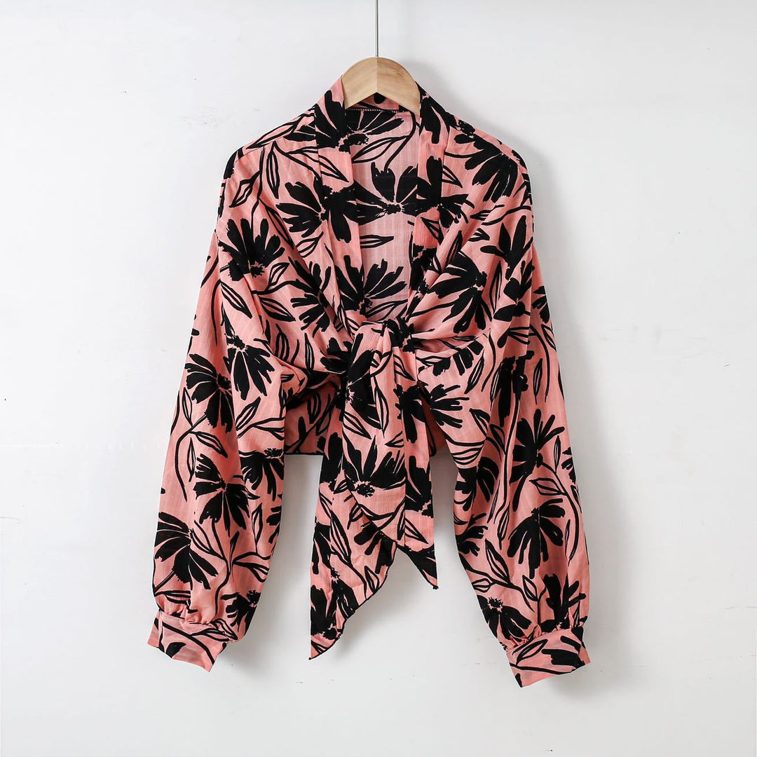 Damen nan florale Knoten-Bluse im Wickelstil mit Ballonärmeln und leichter Leinenoptik