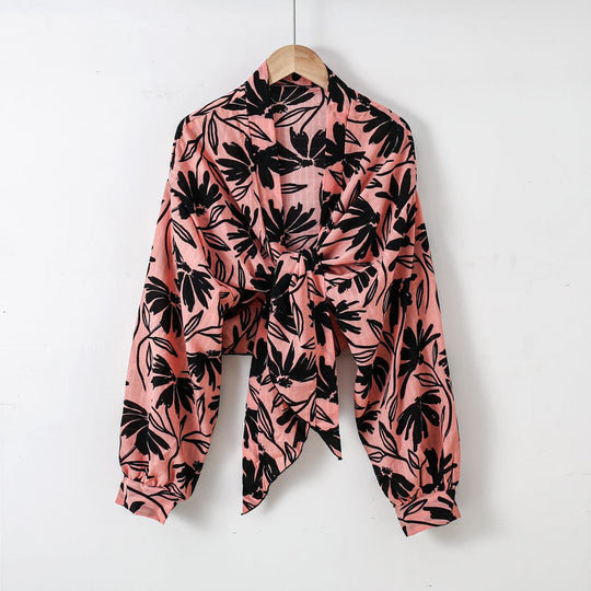 Damen nan florale Knoten-Bluse im Wickelstil mit Ballonärmeln und leichter Leinenoptik