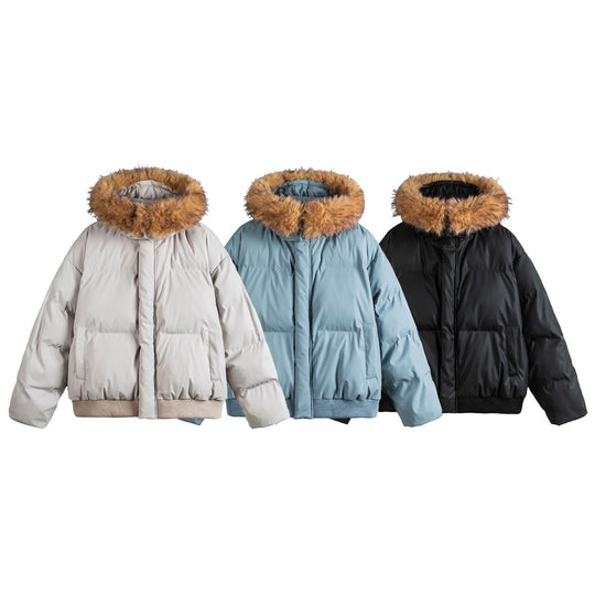 Damen Kurz geschnittene Steppjacke mit Kunstfellkapuze und elastischem Saum Nord Taschen