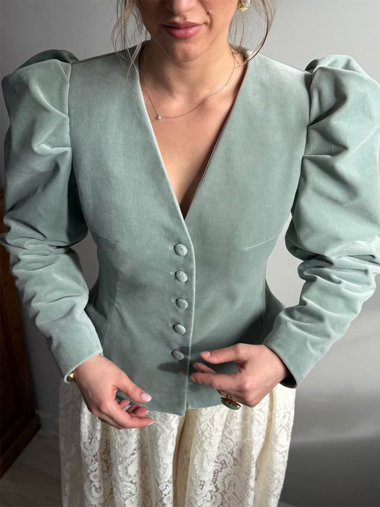 Damen Taillierter Samtblazer mit betonter Taille, V-Ausschnitt und voluminösen Puffärmeln Nord Taschen