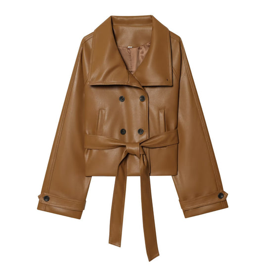 Damen Kurz geschnittener Kunstleder-Trenchcoat mit übergroßem Revers, doppelreihiger Knopfleiste und Bindegürtel Nord Taschen