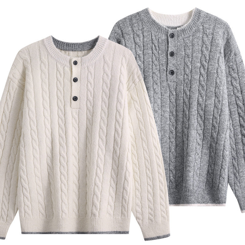 Damen Zopfmuster-Henley-Pullover mit Rundhalsausschnitt & Knopfleiste Nord Taschen