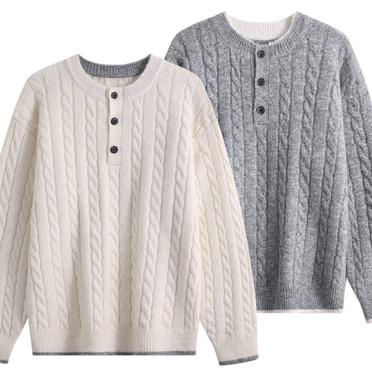 Damen Zopfmuster-Henley-Pullover mit Rundhalsausschnitt & Knopfleiste Nord Taschen