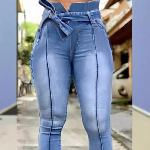 Damen Hochtaillierte Paperbag-Skinny-Jeans mit Bindegürtel und vertikaler Nahtführung Nord Taschen