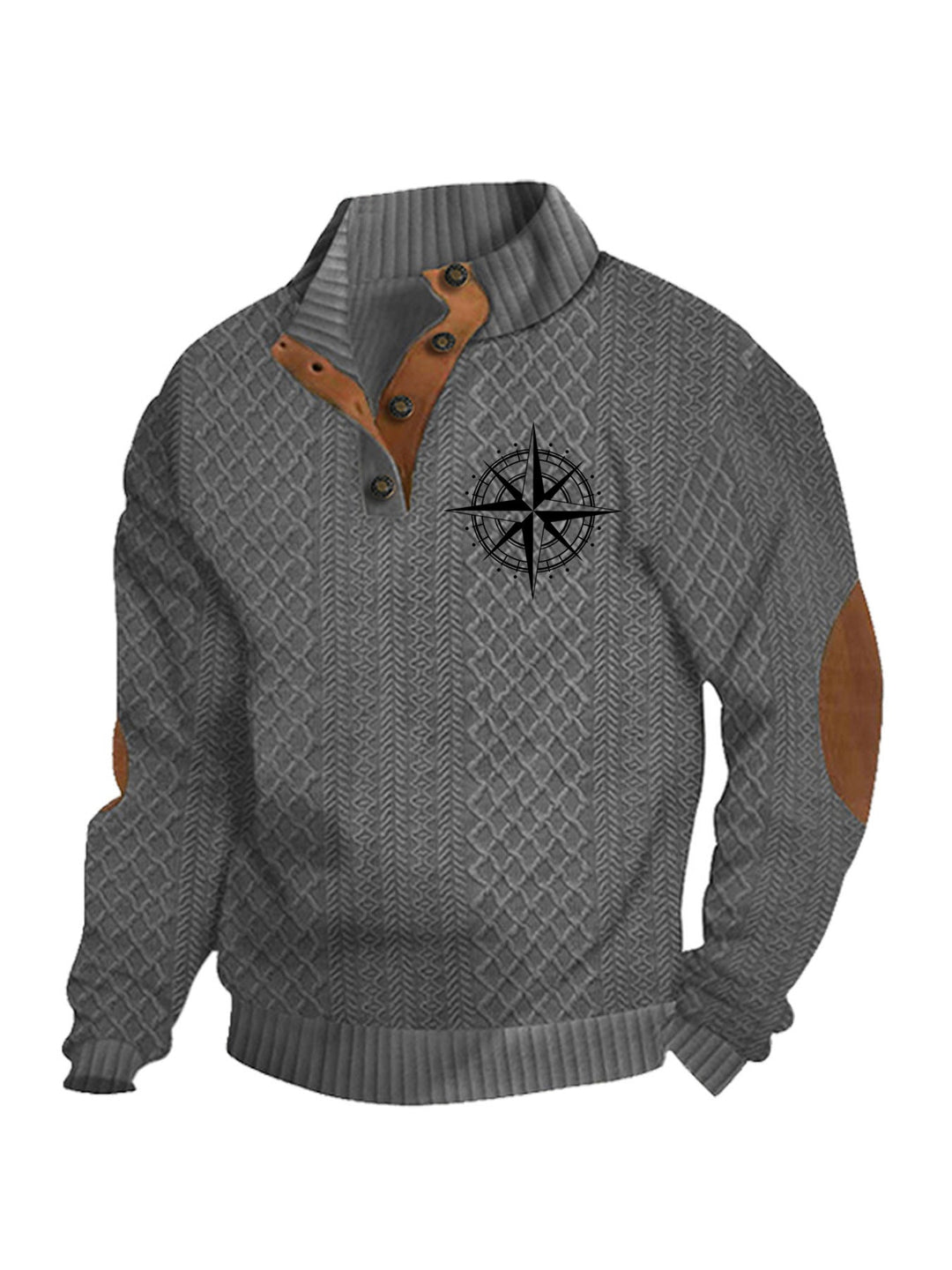 Herren nan Heritage-Strukturpullover mit Stehkragen Lederimitat-Besatz Ellenbogen-Patches und Halbknopfleiste