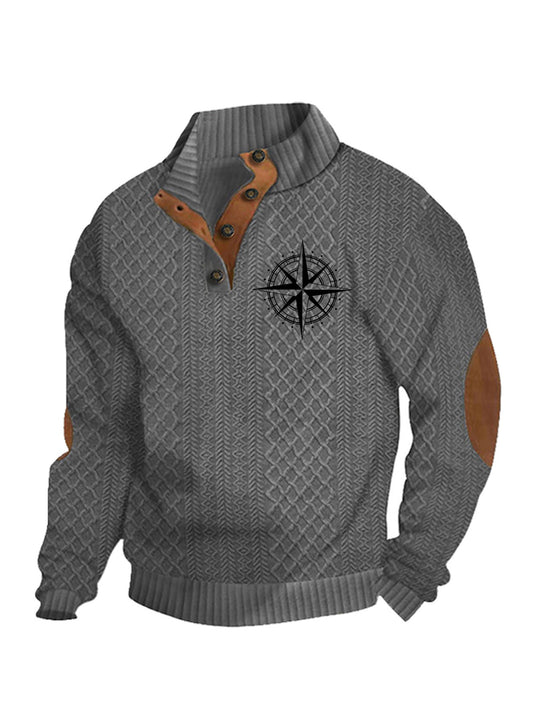 Herren nan Heritage-Strukturpullover mit Stehkragen Lederimitat-Besatz Ellenbogen-Patches und Halbknopfleiste