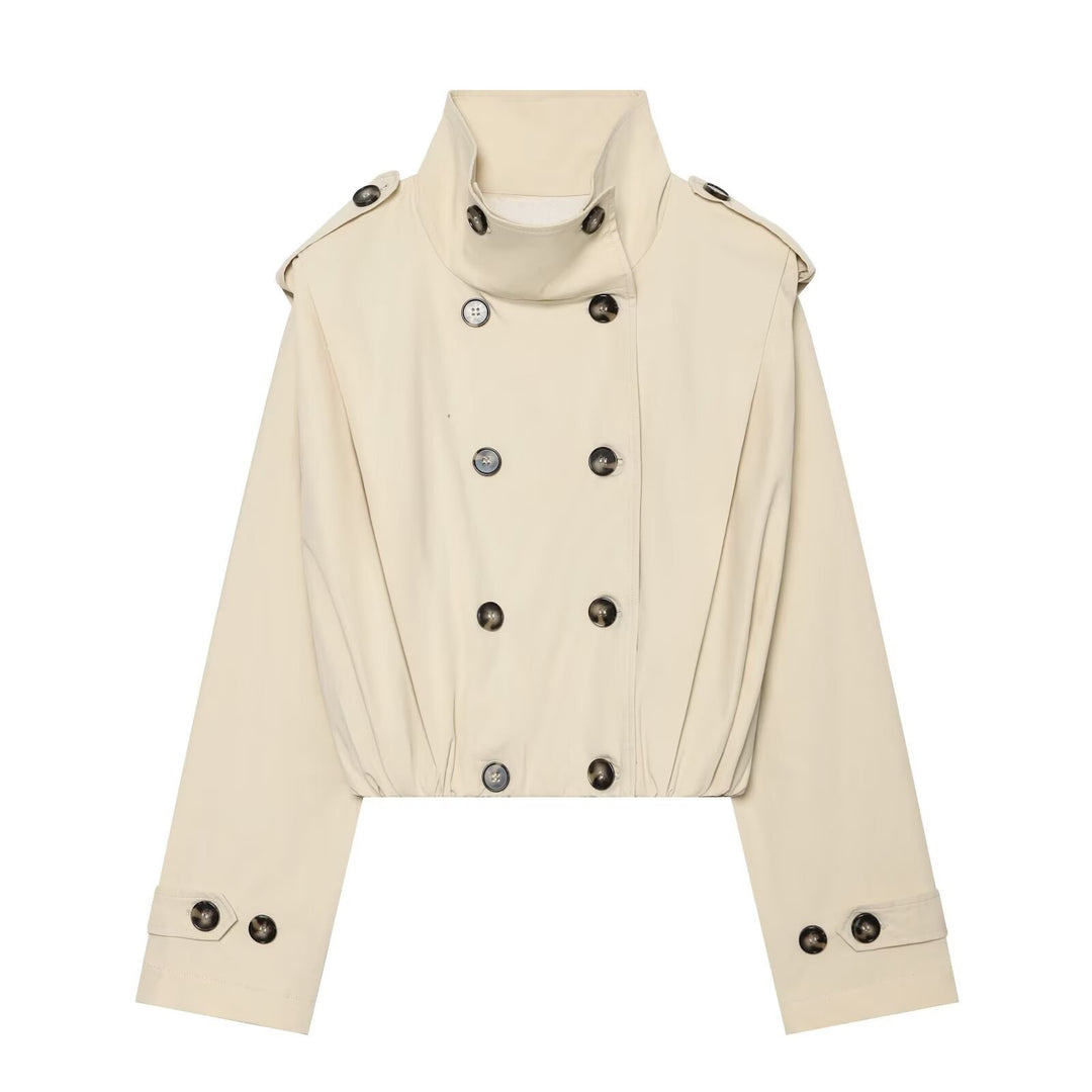 Damen Cropped Doppelreihiger Trench‑Blouson mit hohem Stehkragen, Schulterklappen und elastischem Saum Nord Taschen