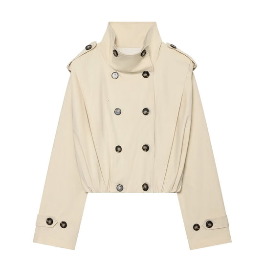 Damen Cropped Doppelreihiger Trench‑Blouson mit hohem Stehkragen, Schulterklappen und elastischem Saum Nord Taschen