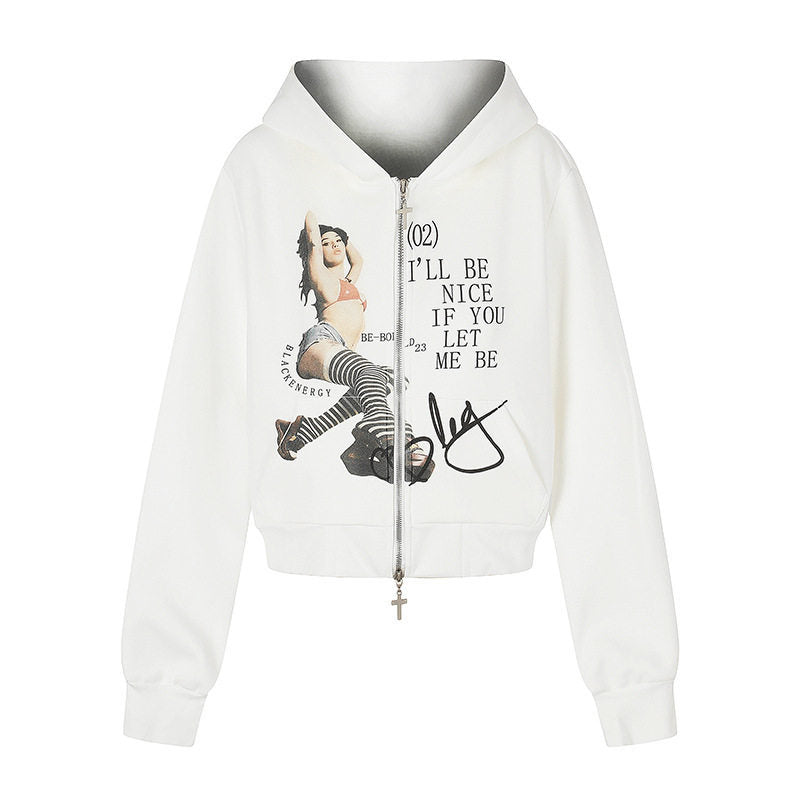 Damen Kapuzen-Sweatjacke mit Fotoprint, kurzem Cropped-Schnitt und Kreuz-Zipper Nord Taschen