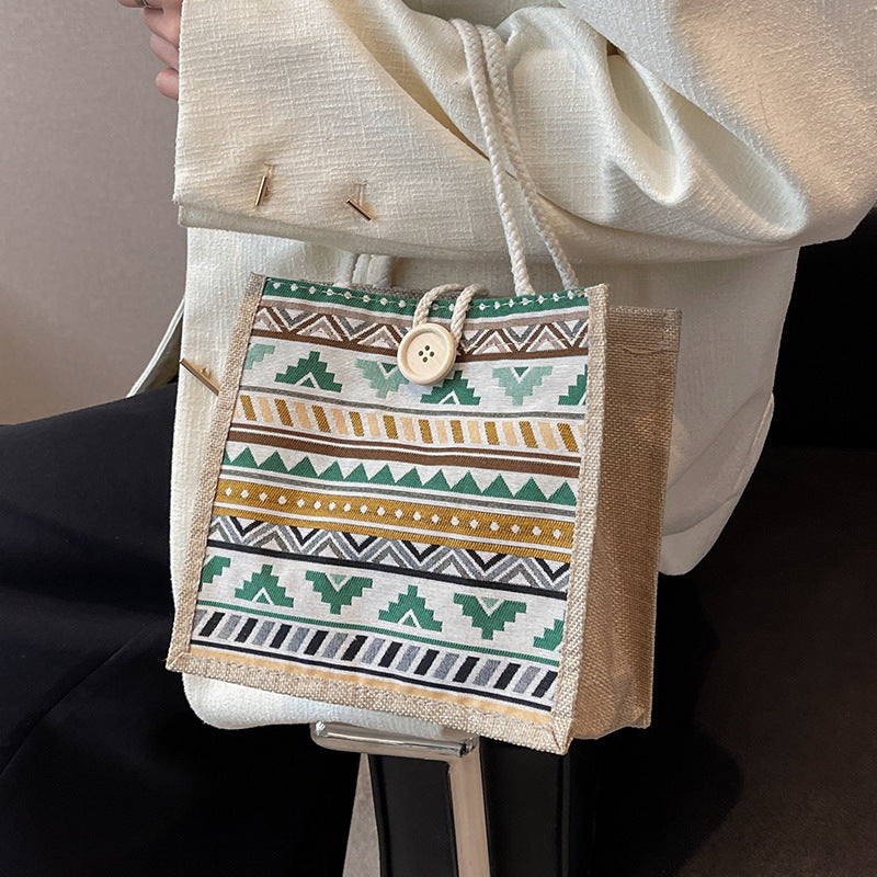 Damen Jutetasche mit buntem Ethnomuster und praktischen Tragegriffen Nord Taschen