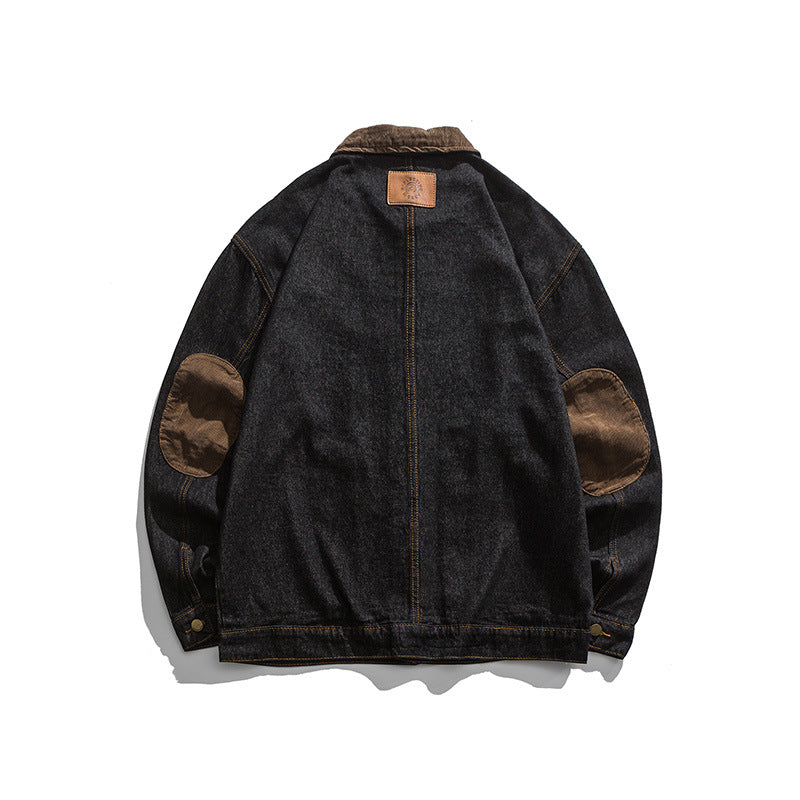 Herren Boxy Denim-Workerjacke mit Cordkragen, Pattentaschen und Ellbogenpatches Nord Taschen