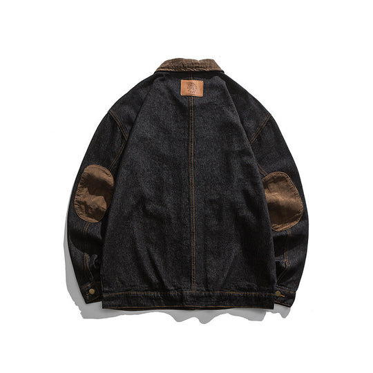 Herren Boxy Denim-Workerjacke mit Cordkragen, Pattentaschen und Ellbogenpatches Nord Taschen