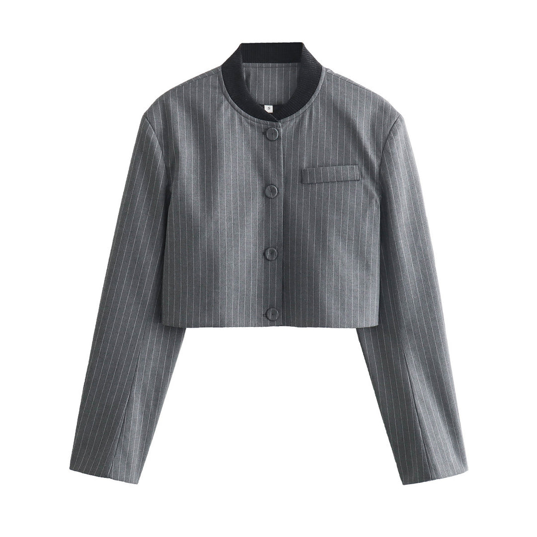 Damen Zweiteiliges Nadelstreifen-Anzugset mit kurzem Knopfblouson und hochtaillierter Faltenhose Nord Taschen