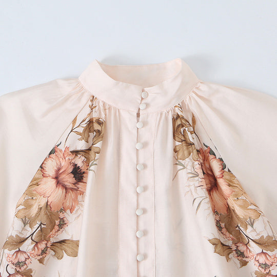 Damen Bluse mit Stehkragen, durchgehender Knopfleiste und weiten Ballonärmeln Nord Taschen