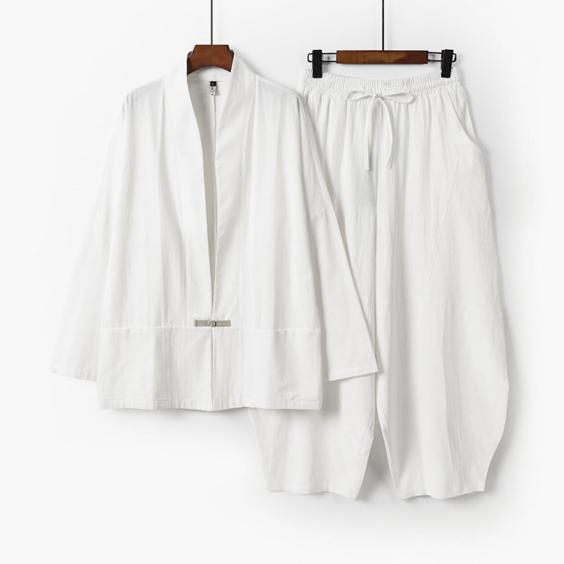 Herren Kimono-Loungewear-Set mit kurzem Schalkragen und weiten Harem-Bundhosen Nord Taschen