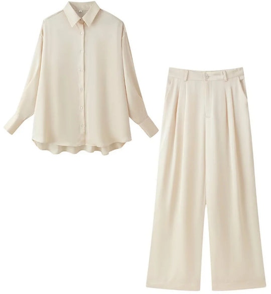Damen Zweiteiliges seidig‑fließendes Lounge‑Set mit Oversize‑Hemd und hochtaillierter Hose mit weitem Bein Nord Taschen