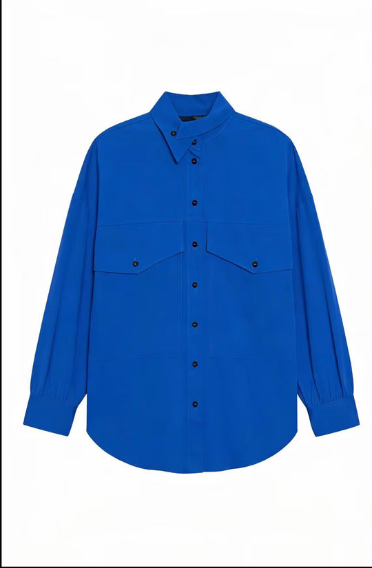 Damen Oversize-Hemdbluse-Jacke mit Pattentaschen und Stehkragen Nord Taschen