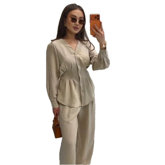 Damen V-Ausschnitt Blusen- und Culotte-Set mit Taillenfalten und weiten Beinen Nord Taschen