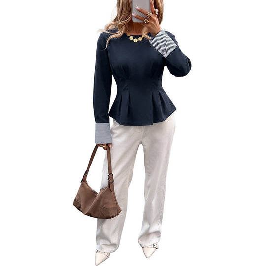 Damen Tailliertes Peplum‑Top mit Kellerfalten, Rundhalsausschnitt und Kontrastbündchen Nord Taschen