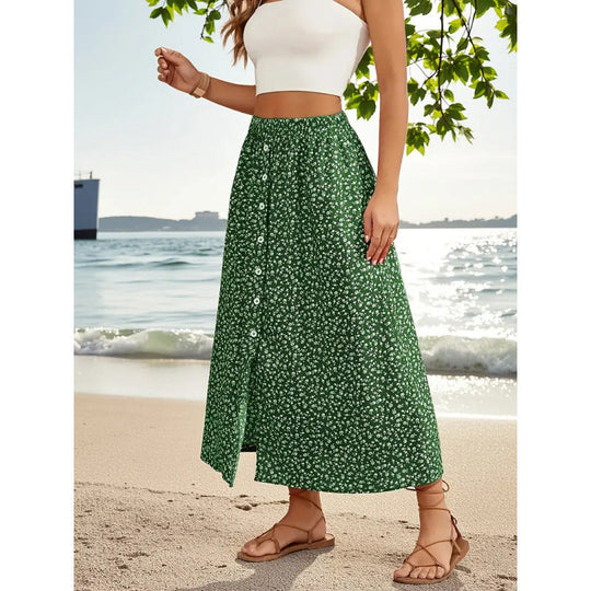 Damen Maxirock mit floralem Design und Knopfdetails
