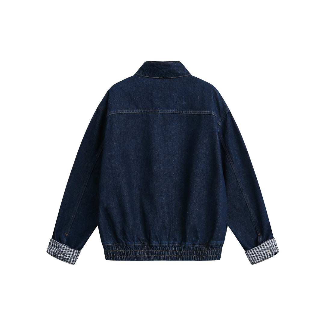 Damen Oversize-Denimjacke mit Stehkragen und Karo-Futter Nord Taschen