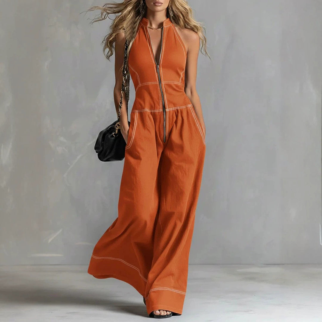 Damen Ärmelloser Halter-Jumpsuit mit Reißverschluss, weitem Bein und Eingrifftaschen Nord Taschen