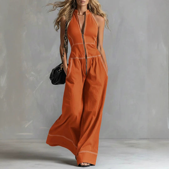 Damen Ärmelloser Halter-Jumpsuit mit Reißverschluss, weitem Bein und Eingrifftaschen Nord Taschen