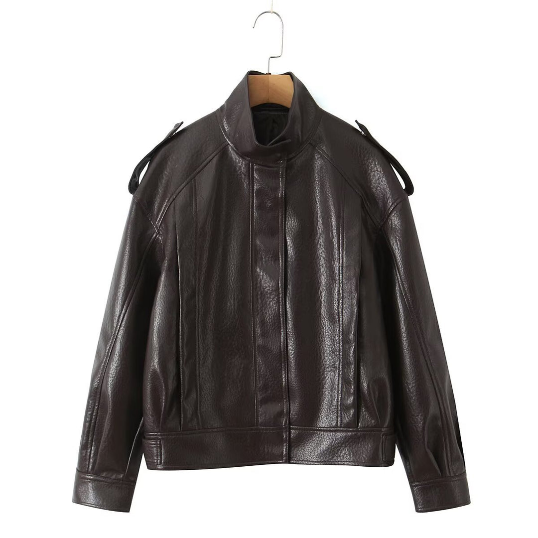 Damen Cropped Bomberjacke aus Kunstleder mit hohem Stehkragen und Schulterklappen Nord Taschen