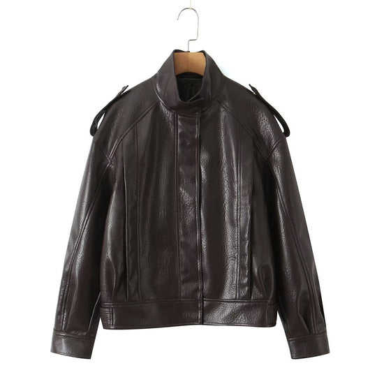 Damen Cropped Bomberjacke aus Kunstleder mit hohem Stehkragen und Schulterklappen Nord Taschen