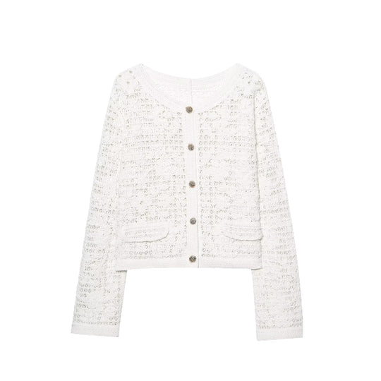 Damen Gehäkelte Kurzjacke im Bouclé‑Look mit Zierknöpfen und aufgesetzten Taschen Nord Taschen