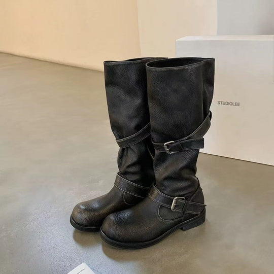 Damen modische kniehohe Stiefel mit dekorativen Riemen und robustem Blockabsatz Nord Taschen