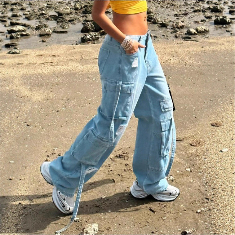 Damen Cargo-Jeanshose im weiten Baggy-Schnitt mit Mehrfach‑Cargotaschen Nord Taschen