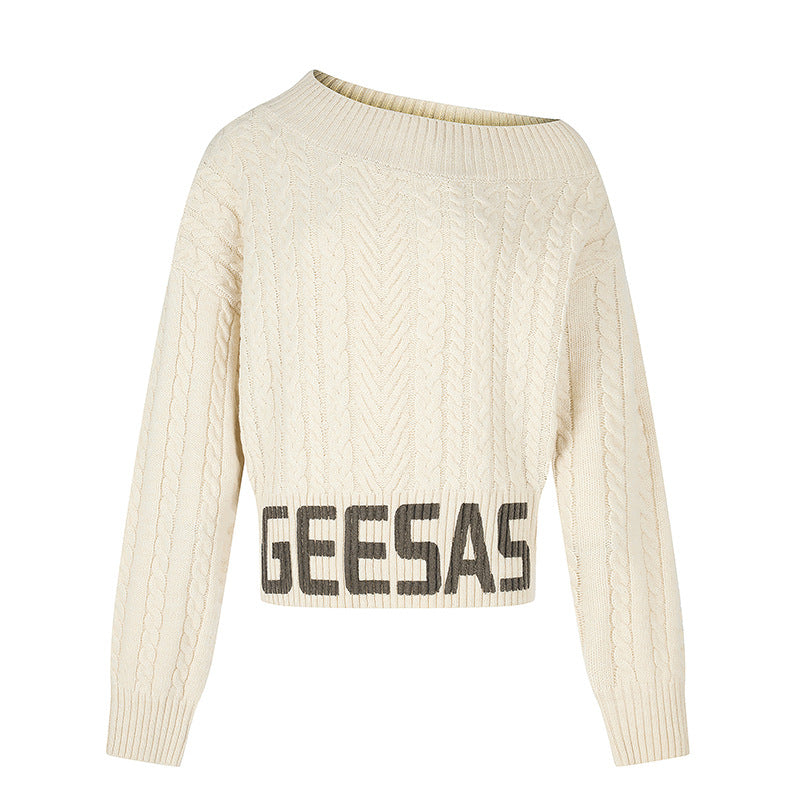 Damen Kurzer Zopfstrick-Pullover mit weitem Boat-Ausschnitt und markantem Logobund Nord Taschen