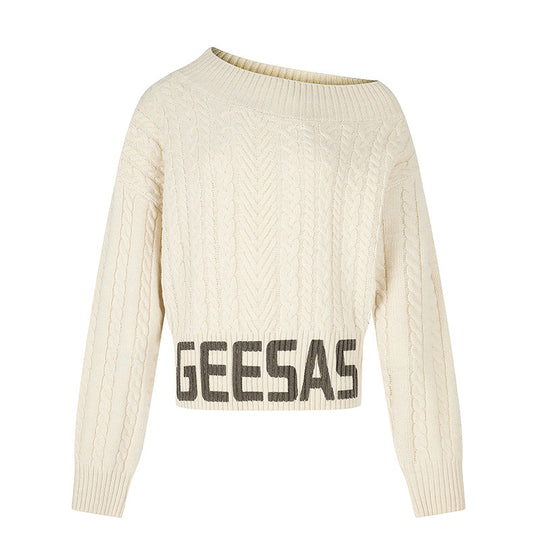 Damen Kurzer Zopfstrick-Pullover mit weitem Boat-Ausschnitt und markantem Logobund Nord Taschen