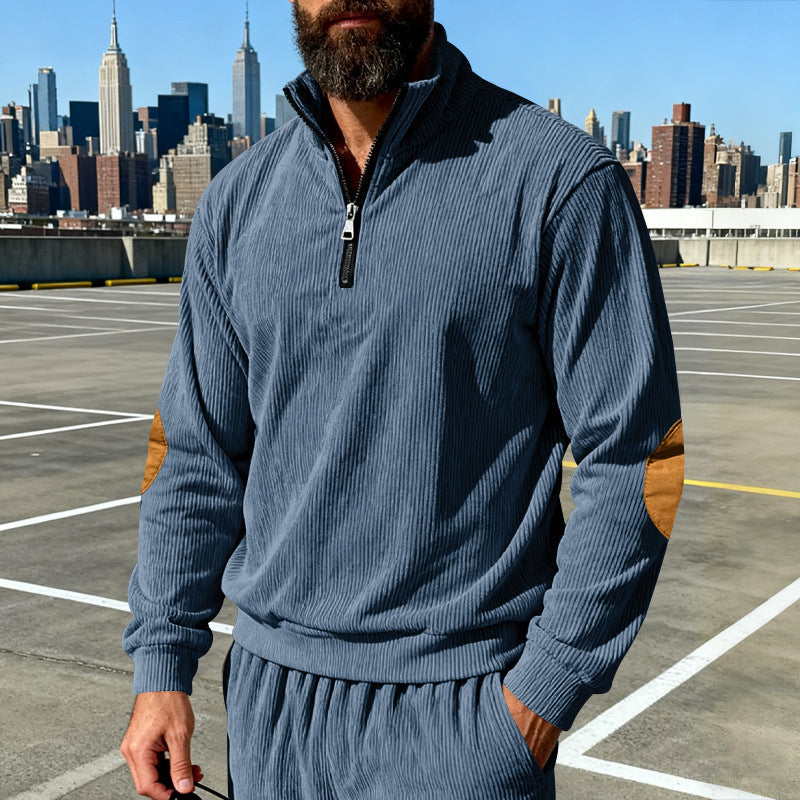 Herren Cord-Struktur-Halbzip-Pullover im Relaxed-Fit mit Stehkragen und Ellbogen-Patch Nord Taschen