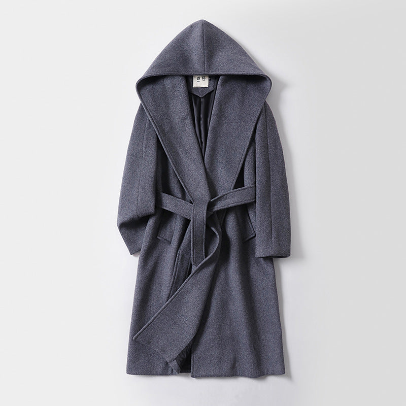 Damen Maxilanger Kapuzenmantel aus Wollmix mit Bindegürtel und weichem Innenfutter Nord Taschen