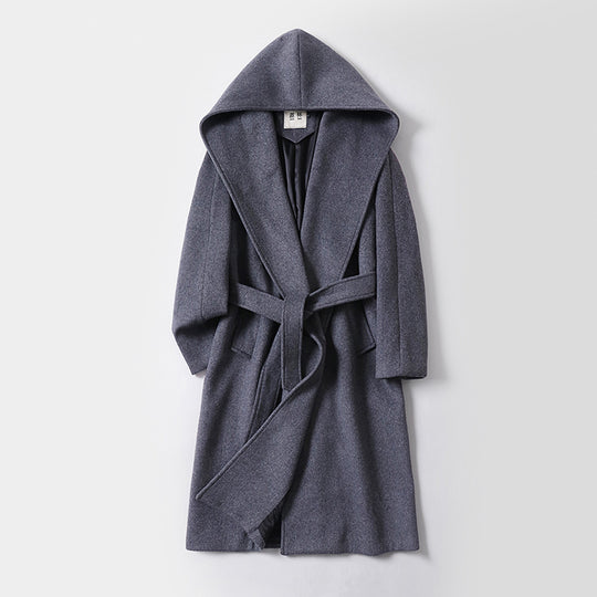 Damen Maxilanger Kapuzenmantel aus Wollmix mit Bindegürtel und weichem Innenfutter Nord Taschen