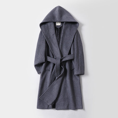 Damen Maxilanger Kapuzenmantel aus Wollmix mit Bindegürtel und weichem Innenfutter Nord Taschen