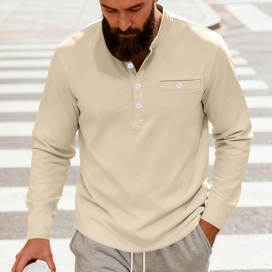Herren Lässiges Henley-Langarmshirt mit Stehkragen, Brusttasche und abgerundetem Saum Nord Taschen