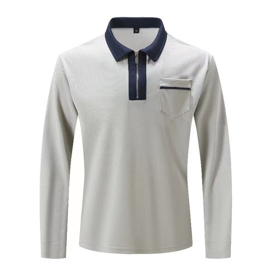 Herren nan elegantes Langarm-Poloshirt mit markantem Stehkragen Metall-Kurzreißverschluss und Brustleistentasche