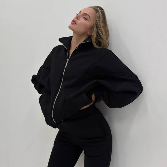 Damen Oversize-Halbzip-Sweatjacke mit sculptender High-Waist-Jogginghose aus schwerem French-Terry Nord Taschen